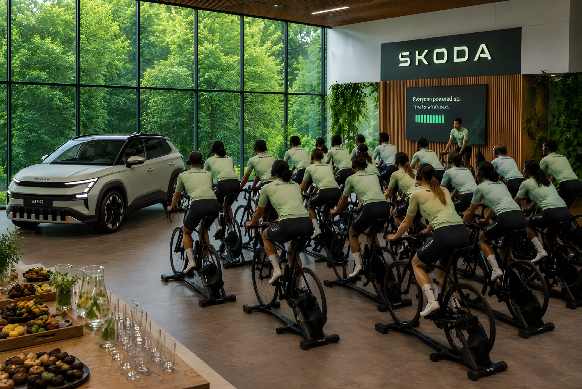 Deelnemers op spinningfietsen naast de nieuwe Škoda Epiq in de showroom